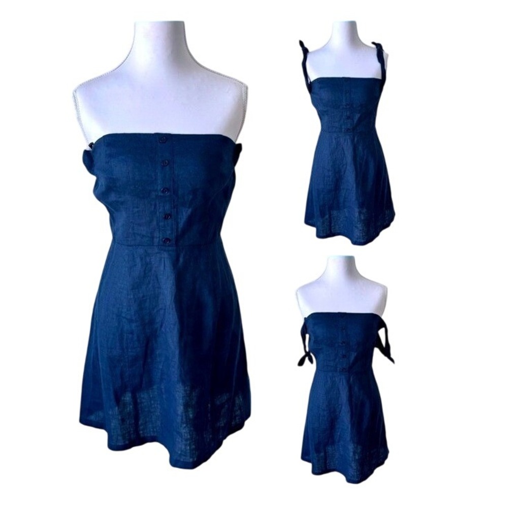 Reformation Mini Dress Womens 2 Navy Blue Linen Button Front Convertible Straps